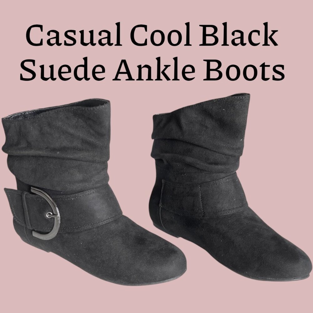 Faux Suede Slouch Ankle Boots – Flat Heel • Large Buckle Strap • Casual & Cool